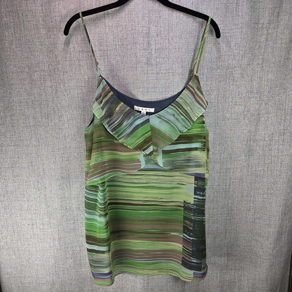 Cabi Women S Green Blue Floral Tank V Neck Ruffle Overlay Adj. Straps Cami Boho